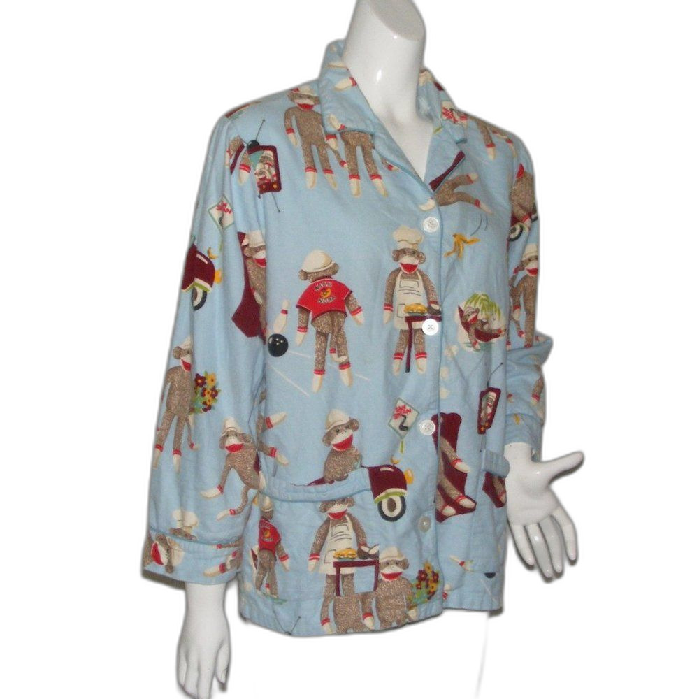 NICK & NORA Pajama Top, M, Blue, Sock Monkey Daily Tasks, Long sleeves, Fleece - Picture 2 of 8